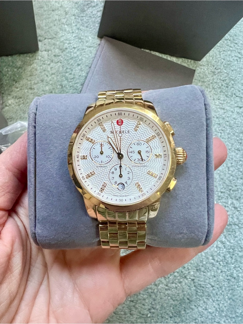 MICHELE Sidney Diamond Gold Chronograph Watch 38mm 0.12 CTW